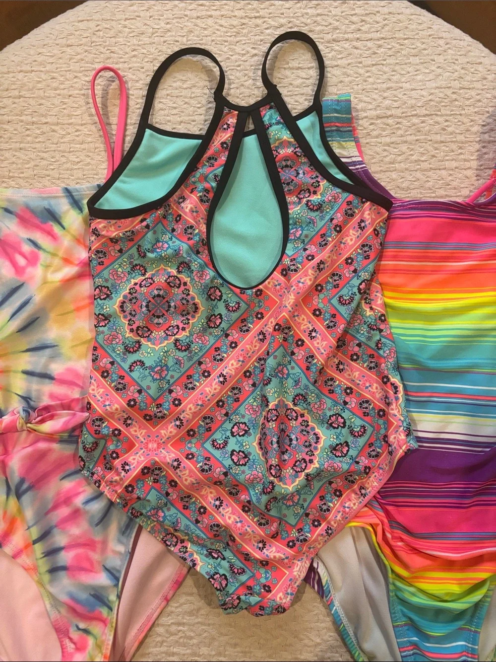 Set of 3 Girls' Patterned One-Piece Swimsuits size 7-8